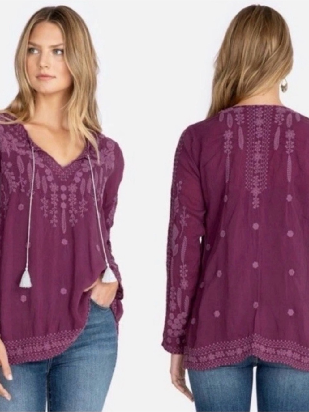 Johnny Was Plum Embroidered V-Neck Tunic